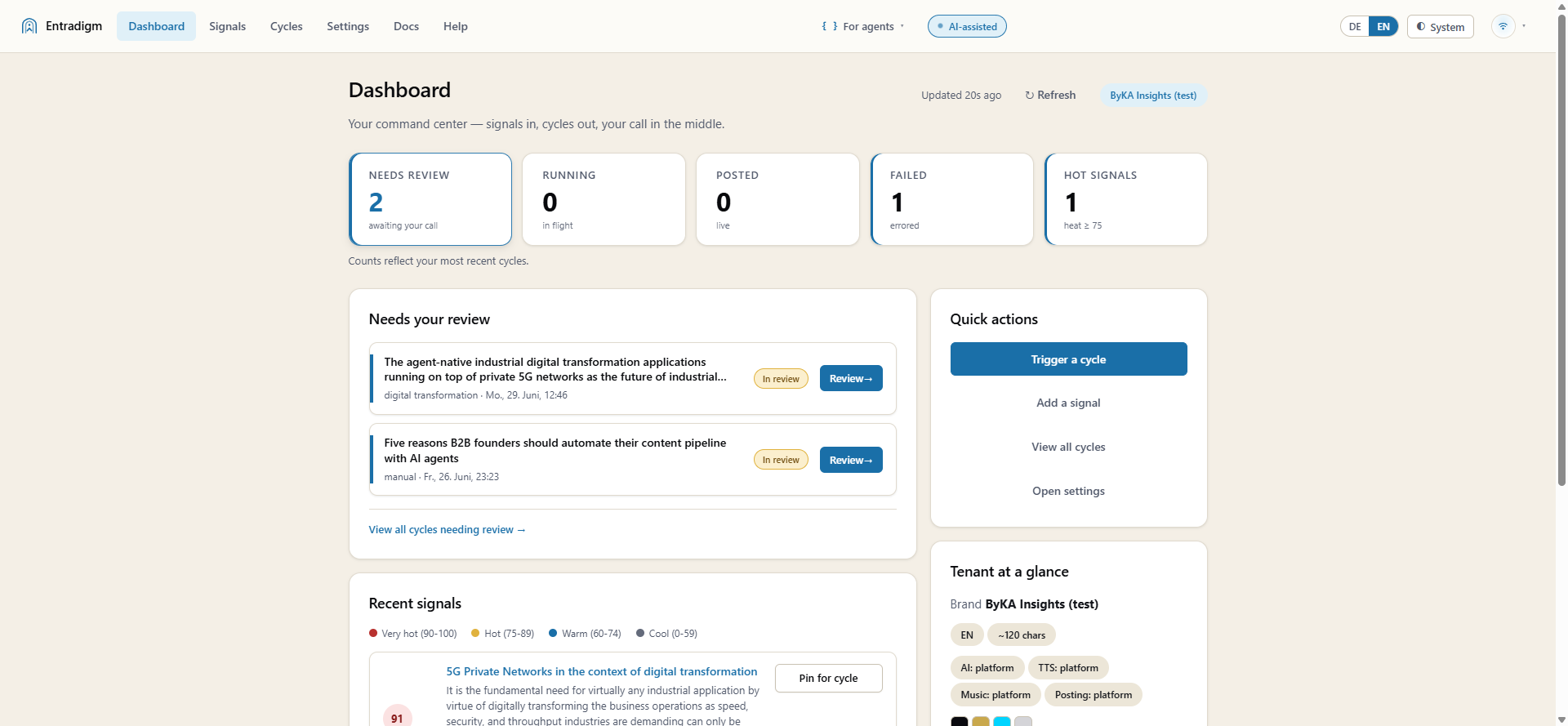 Entradigm-dashboard: commandocentrum met statustegels, cycli die op review wachten en de signaalfeed.