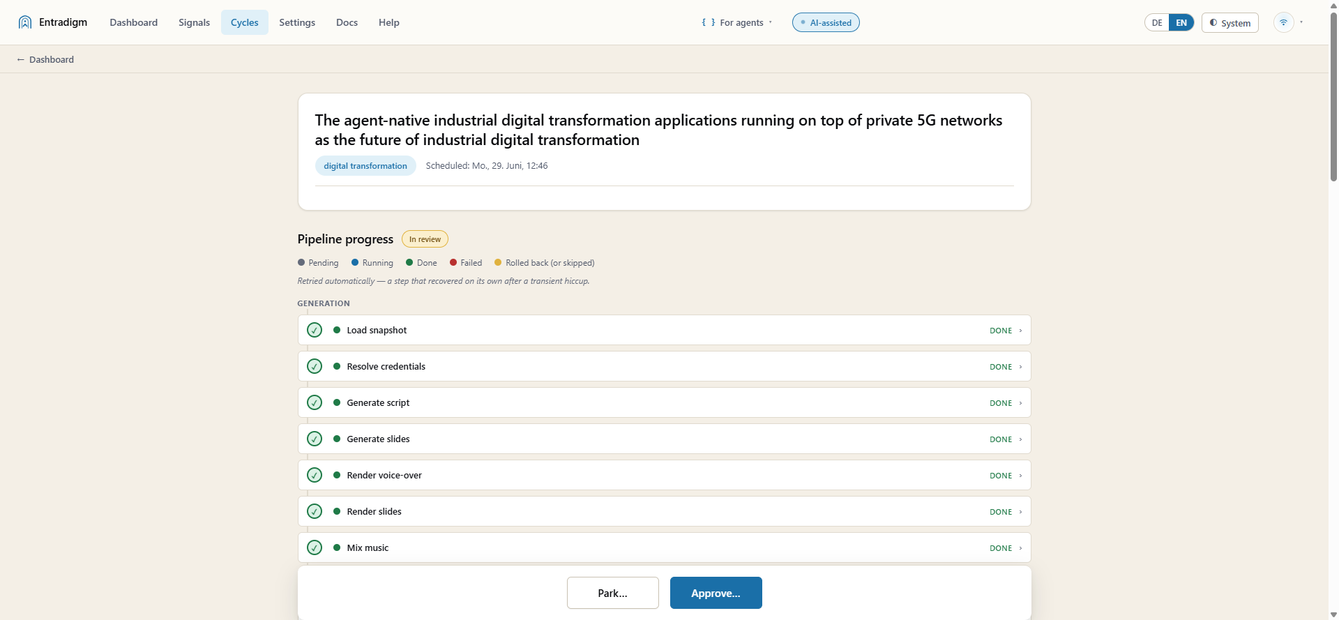 Entradigm-cyclusverloop: twaalf stappen van snapshot tot render, elke stap met een status.